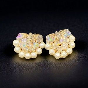 Vintage Midcentury Faux Pearl AB Beaded Gold Tone Clip-on Earrings